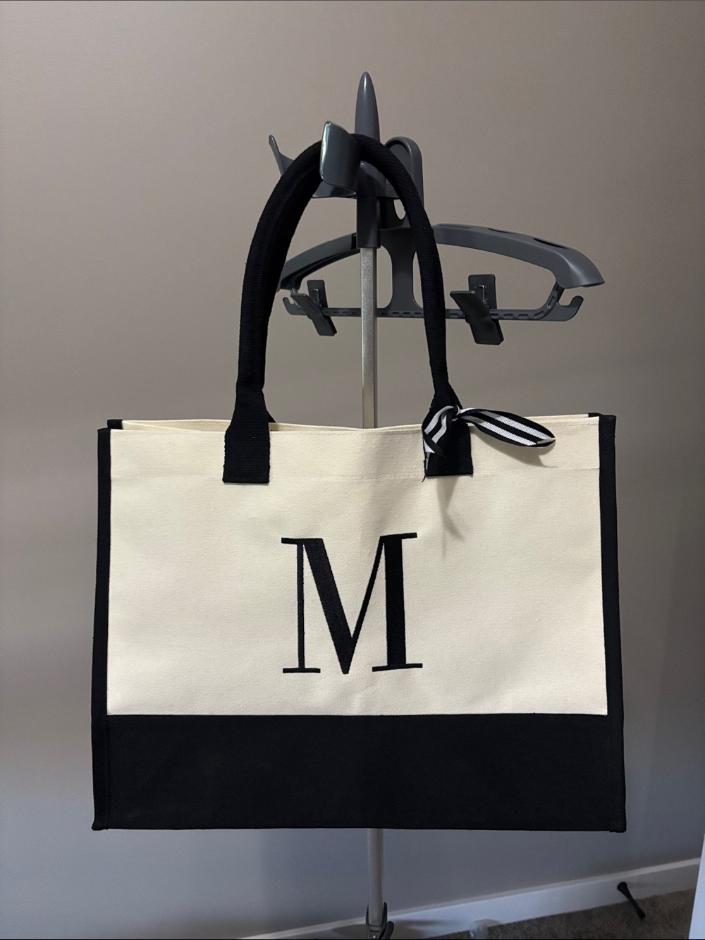 Canvas Initial Tote Bag with Black Trim and Stripe Bow
